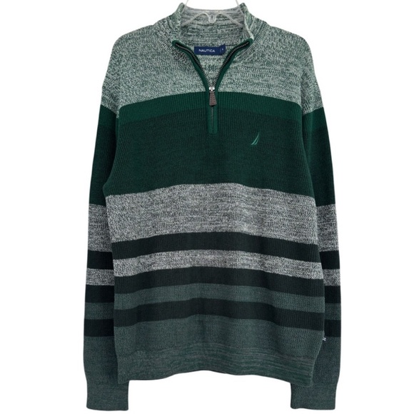 Nautica Quarter Zip Sweater Luxury Knit Colorblock Stripe Green Gray Men Size XL - Picture 13 of 16